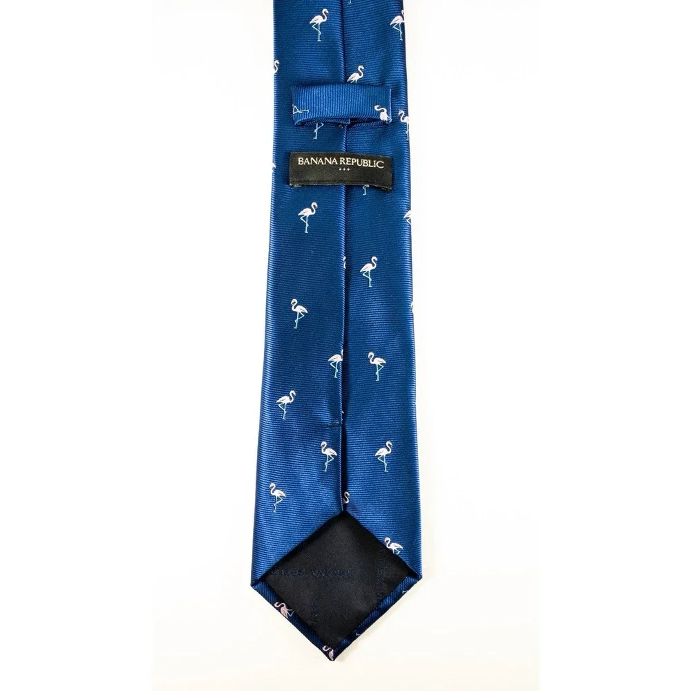 Banana Republic Silk Tie, Navy Repp Tie Embroidered Pink Flamingos, Modern 3x59
